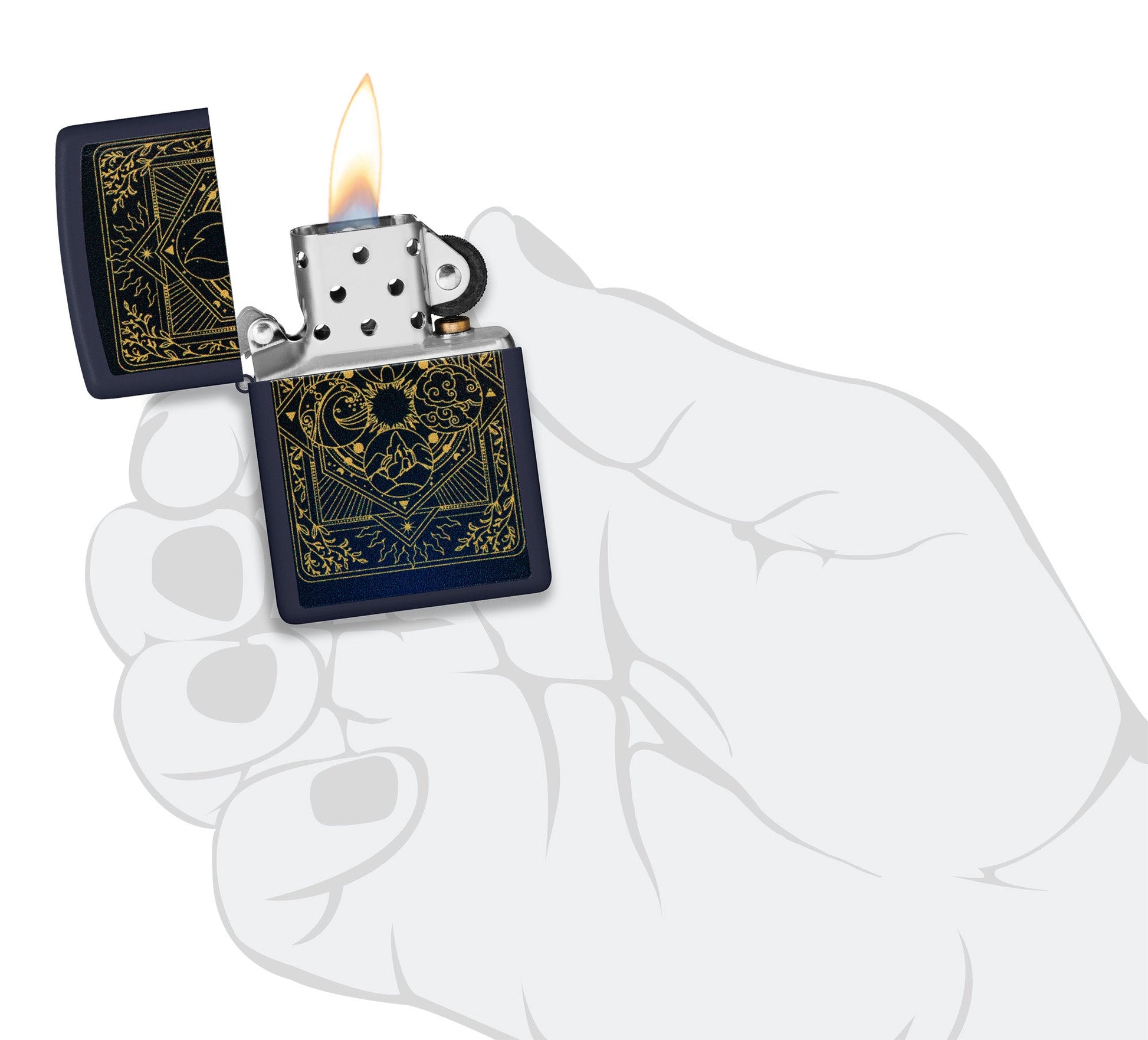 Zippo Elements Design Navy Matte Windproof Lighter lit in hand.