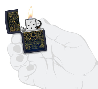 Zippo Elements Design Navy Matte Windproof Lighter lit in hand.