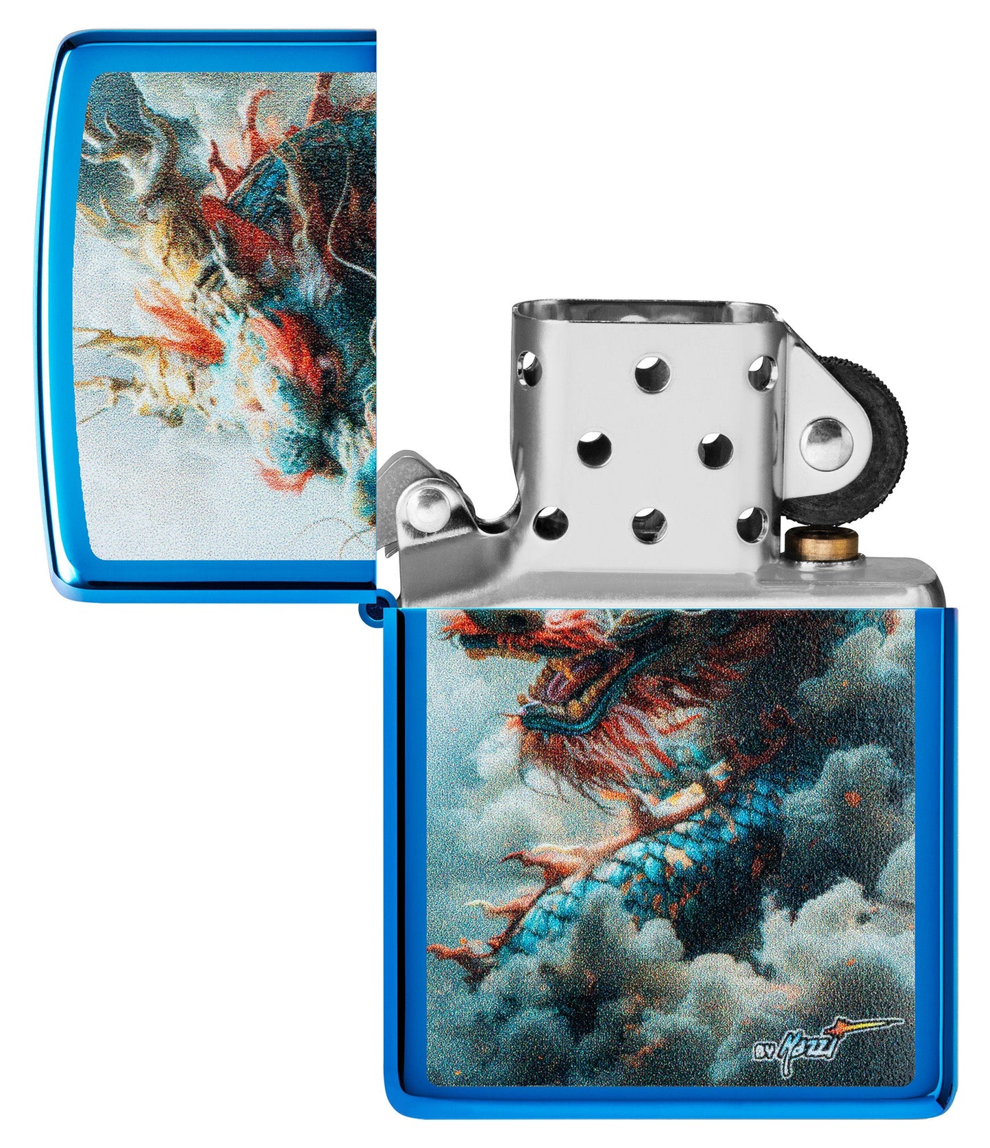 Zippo MazziÂ® Dragon Design High Polish Blue Windproof Lighter with its lid open and unlit.