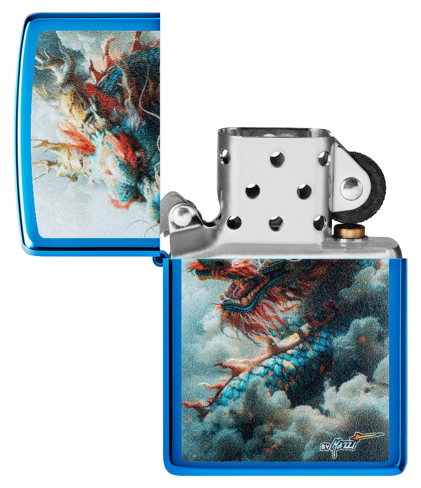 Zippo MazziÂ® Dragon Design High Polish Blue Windproof Lighter with its lid open and unlit.