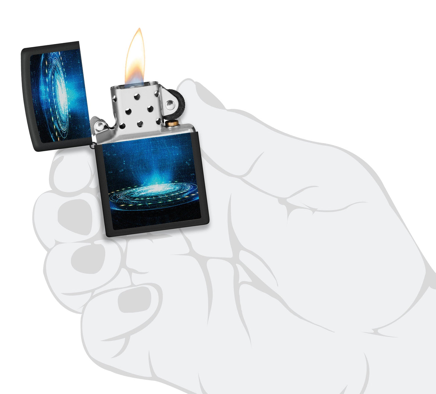 Zippo Black Light UFO Flame Design Black Matte Windproof Lighter lit in hand.